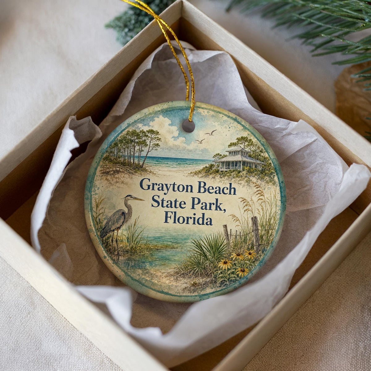 Grayton Beach State Park Florida Watercolor Ceramic Ornament, Scenic Florida State Park Souvenir, Coastal Nature Travel Gift — photo 3