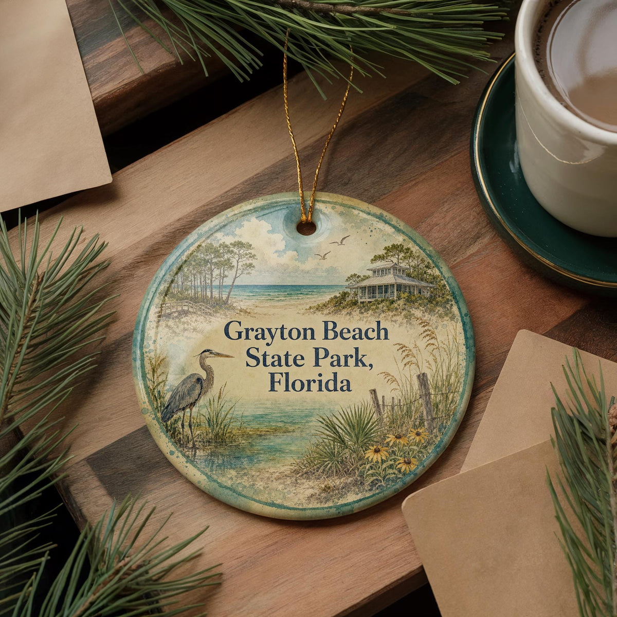 Grayton Beach State Park Florida Watercolor Ceramic Ornament, Scenic Florida State Park Souvenir, Coastal Nature Travel Gift — photo 5