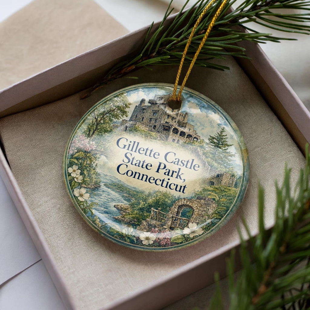 Gillette Castle State Park Connecticut Watercolor Ceramic Ornament, East Haddam CT Castle Landmark Souvenir Gift — photo 1