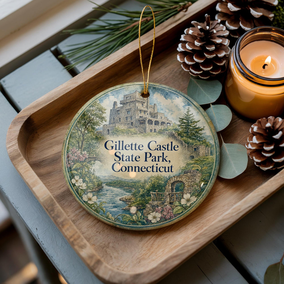 Gillette Castle State Park Connecticut Watercolor Ceramic Ornament, East Haddam CT Castle Landmark Souvenir Gift — photo 3