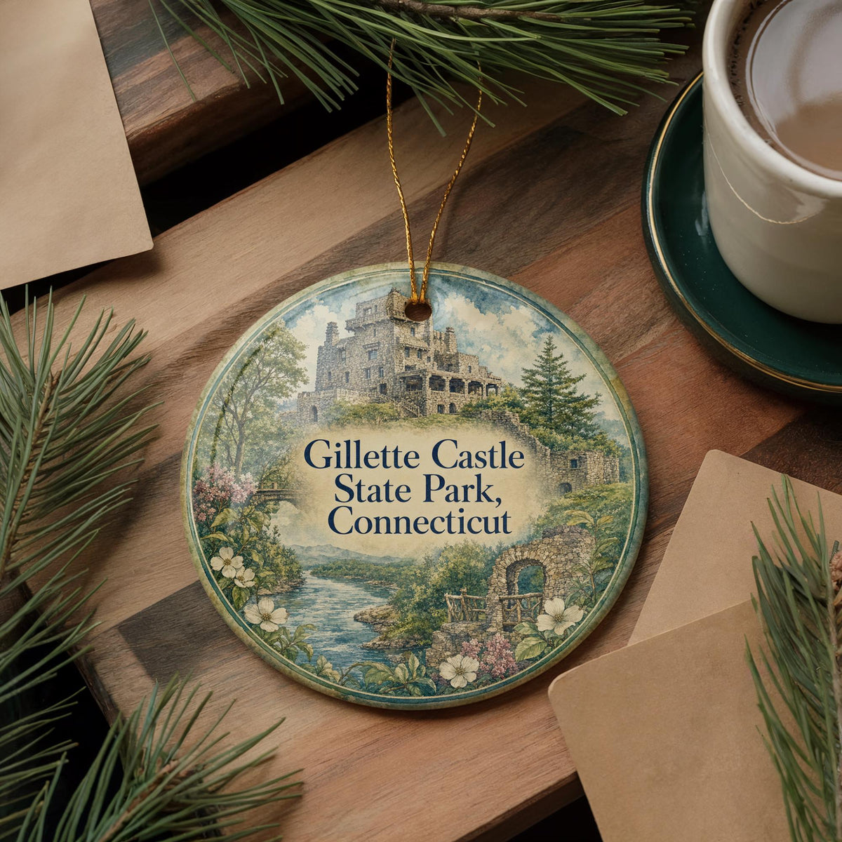 Gillette Castle State Park Connecticut Watercolor Ceramic Ornament, East Haddam CT Castle Landmark Souvenir Gift — photo 5