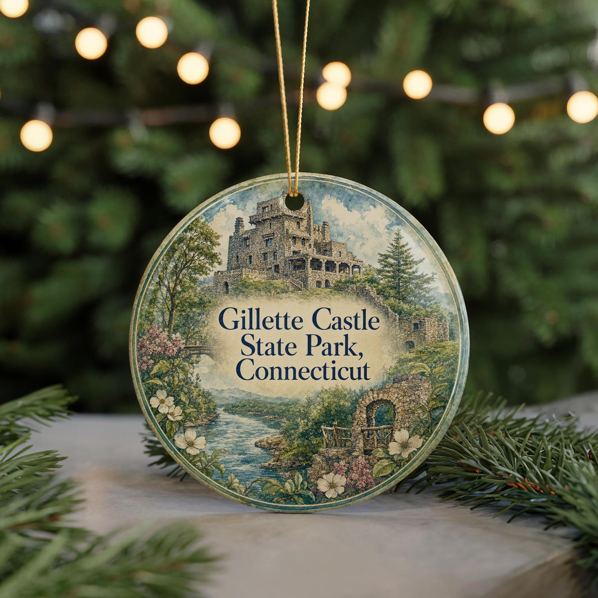 Gillette Castle State Park Connecticut Watercolor Ceramic Ornament, East Haddam CT Castle Landmark Souvenir Gift — photo 7