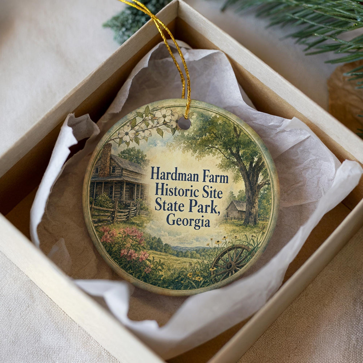 Hardman Farm Historic Site State Park Georgia Watercolor Ceramic Ornament, Helen GA Landmark Souvenir Christmas Tree Decor — photo 1