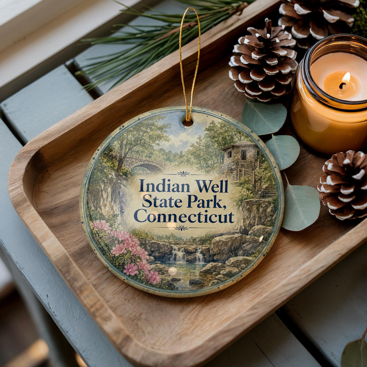 Indian Well State Park Connecticut Watercolor Ceramic Ornament, Scenic State Park Souvenir, Connecticut Travel Keepsake Gift — photo 3