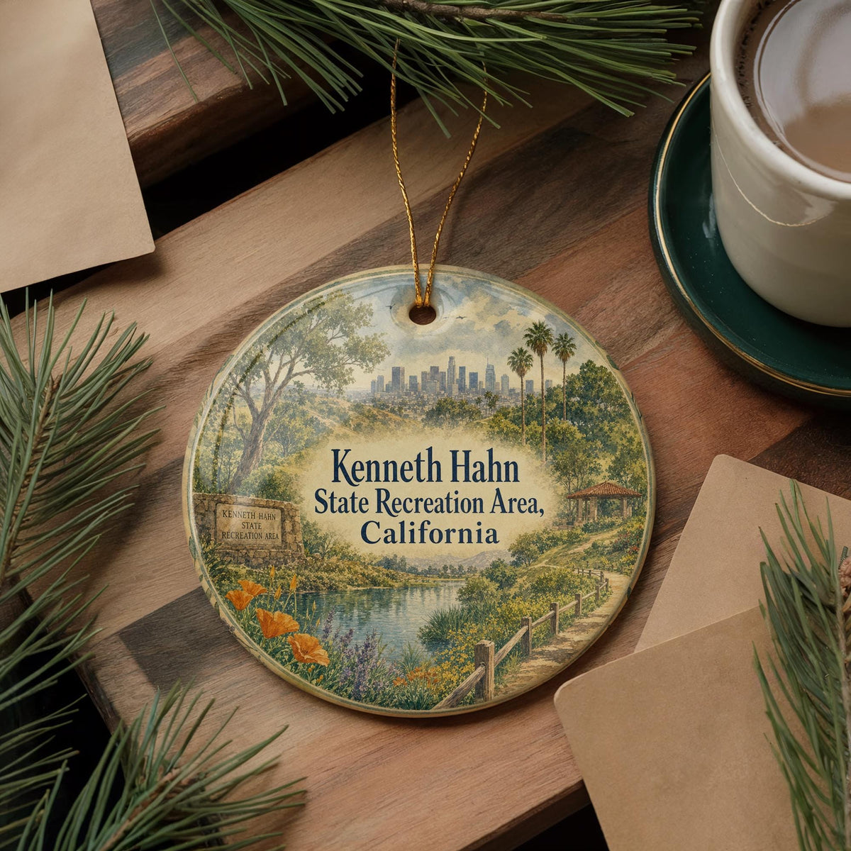 Kenneth Hahn State Recreation Area California Ceramic Ornament, Watercolor Park Landscape Souvenir Gift, Los Angeles Nature Decor — photo 5