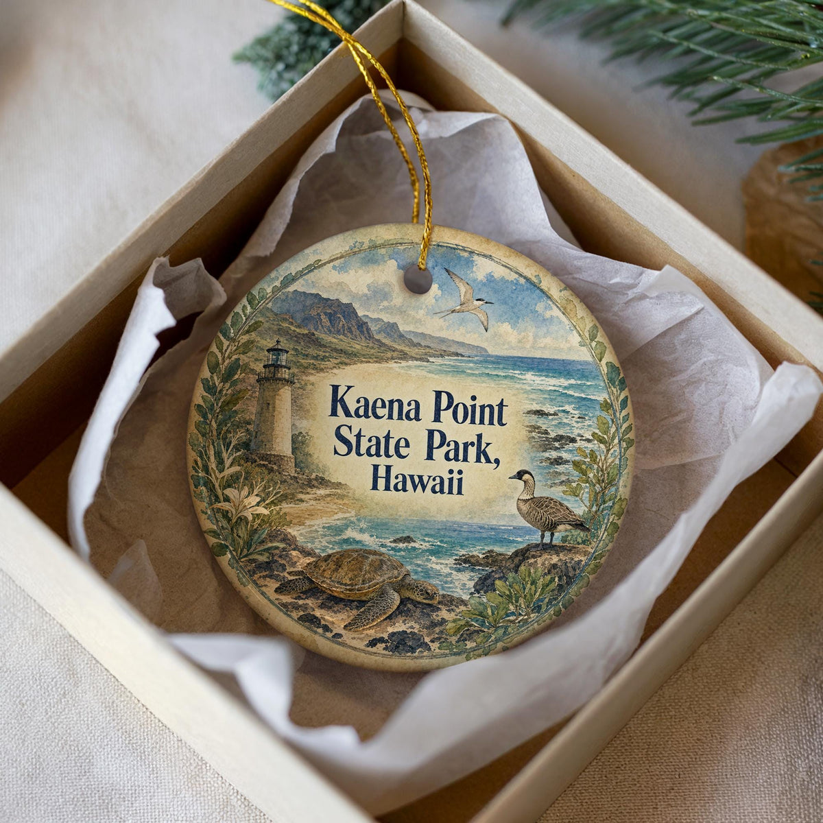 Kaena Point State Park Hawaii Watercolor Ceramic Ornament, Oahu Coastal Landscape Souvenir Gift, Hawaii Travel Keepsake Decor — photo 1