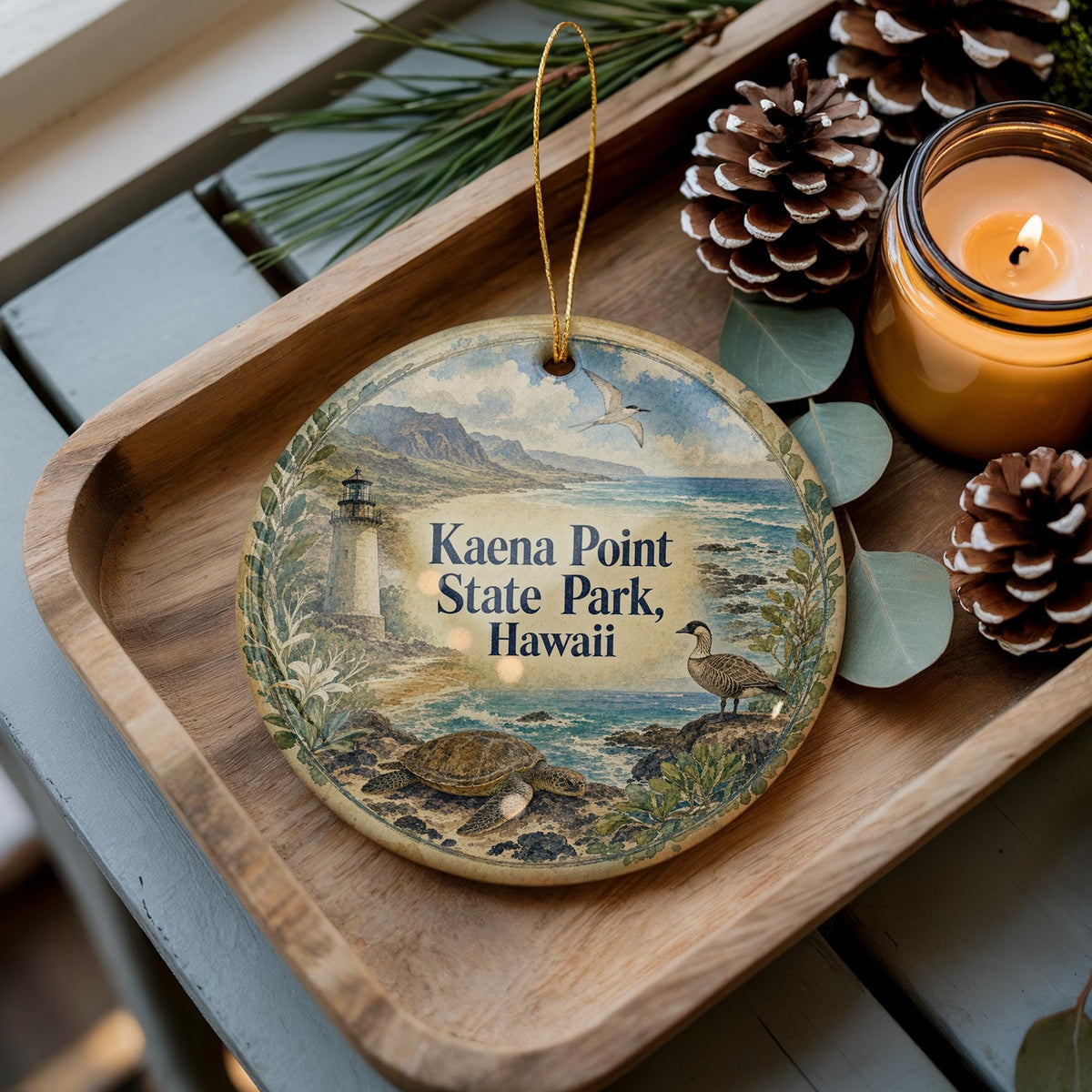 Kaena Point State Park Hawaii Watercolor Ceramic Ornament, Oahu Coastal Landscape Souvenir Gift, Hawaii Travel Keepsake Decor — photo 3