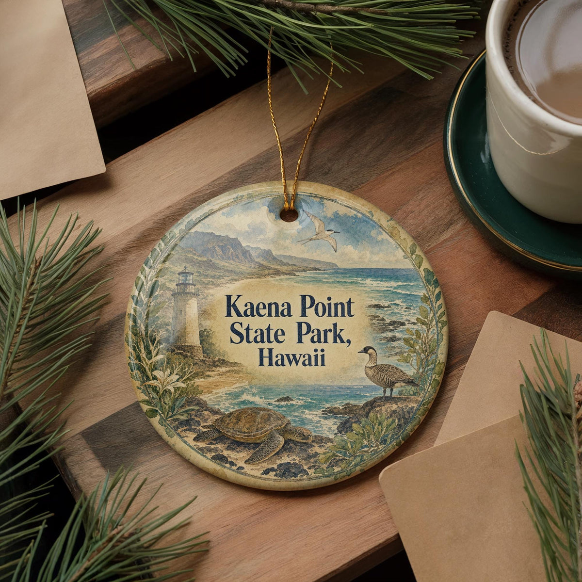 Kaena Point State Park Hawaii Watercolor Ceramic Ornament, Oahu Coastal Landscape Souvenir Gift, Hawaii Travel Keepsake Decor — photo 5