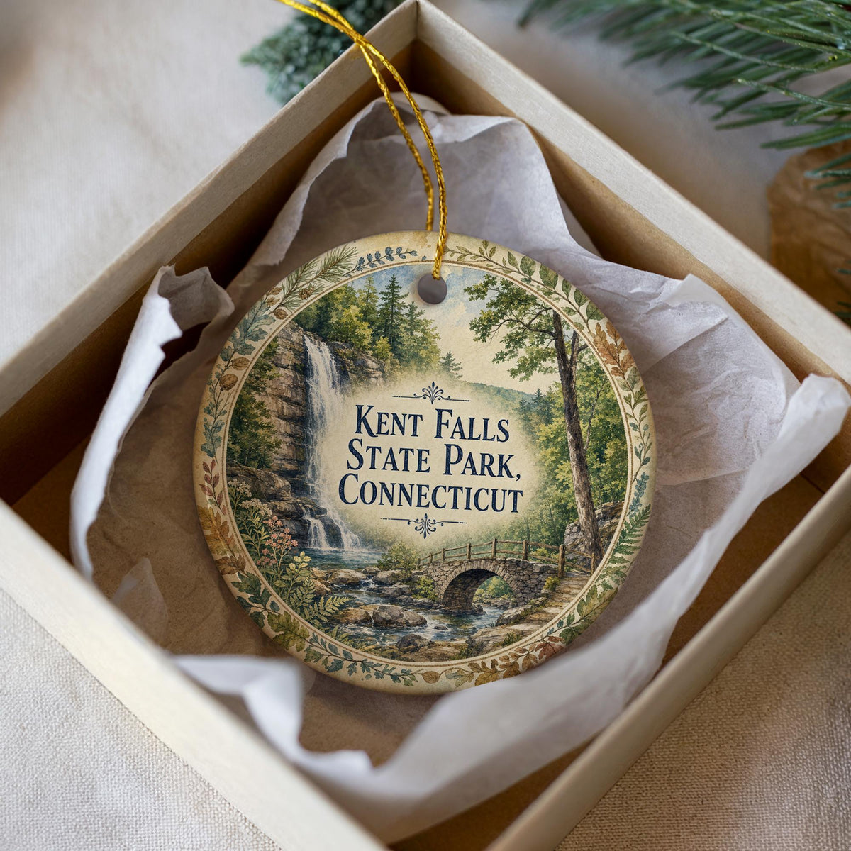 Kent Falls State Park Connecticut Watercolor Ceramic Ornament, Kent Falls Waterfall Souvenir, Connecticut State Park Gift — photo 3