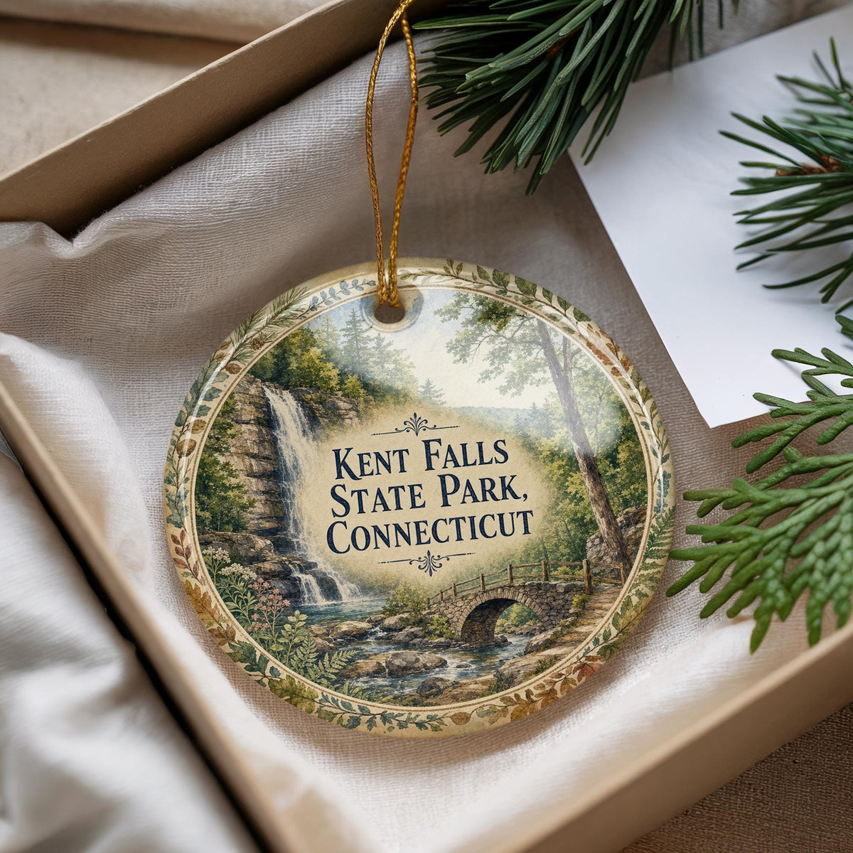 Kent Falls State Park Connecticut Watercolor Ceramic Ornament, Kent Falls Waterfall Souvenir, Connecticut State Park Gift — photo 4