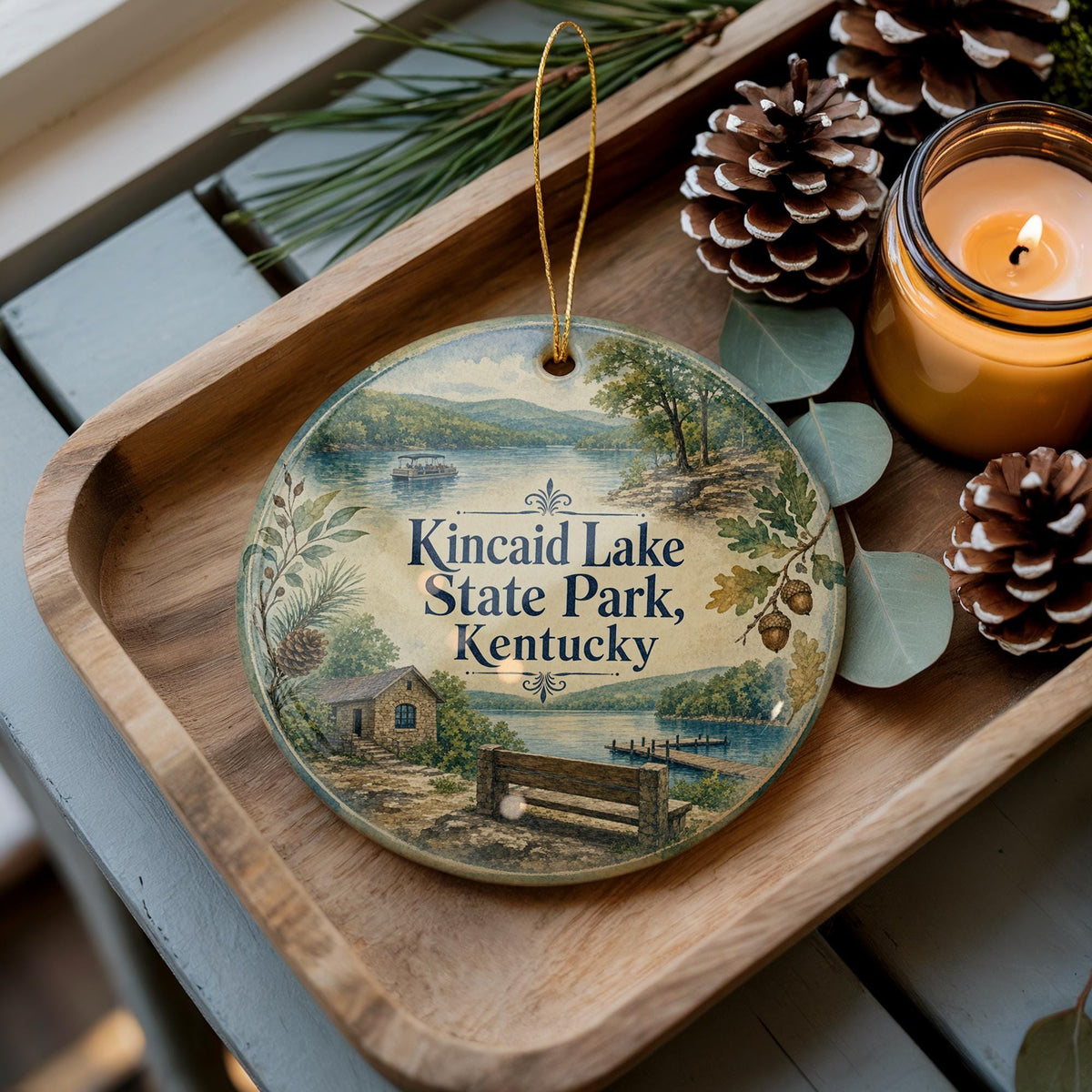 Kincaid Lake State Park Kentucky Ceramic Ornament, Watercolor Park Landscape Souvenir, Kentucky State Park Gift — photo 2