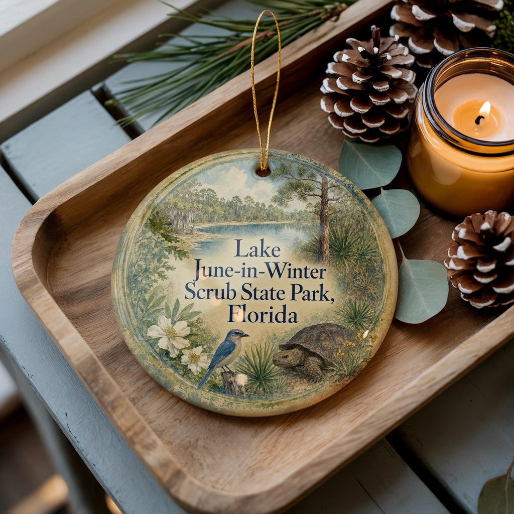 Lake June in Winter Scrub State Park Florida Watercolor Ceramic Ornament, Florida State Park Lake Scene Keepsake Gift — photo 1