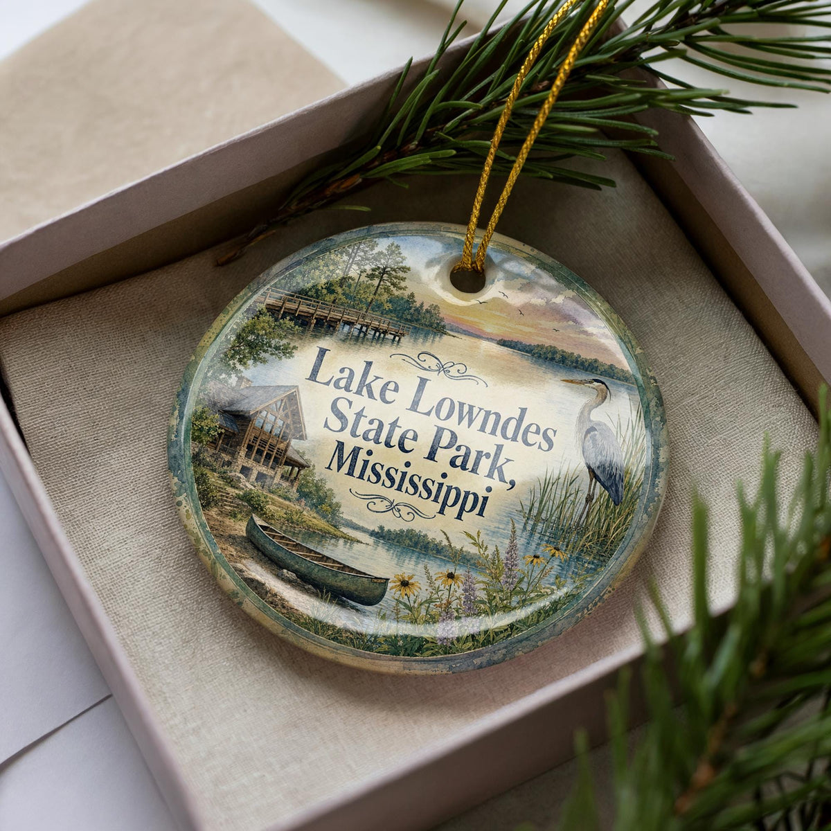 Lake Lowndes State Park Mississippi Watercolor Ceramic Ornament, Outdoor Nature Travel Souvenir, State Park Keepsake Gift — photo 1