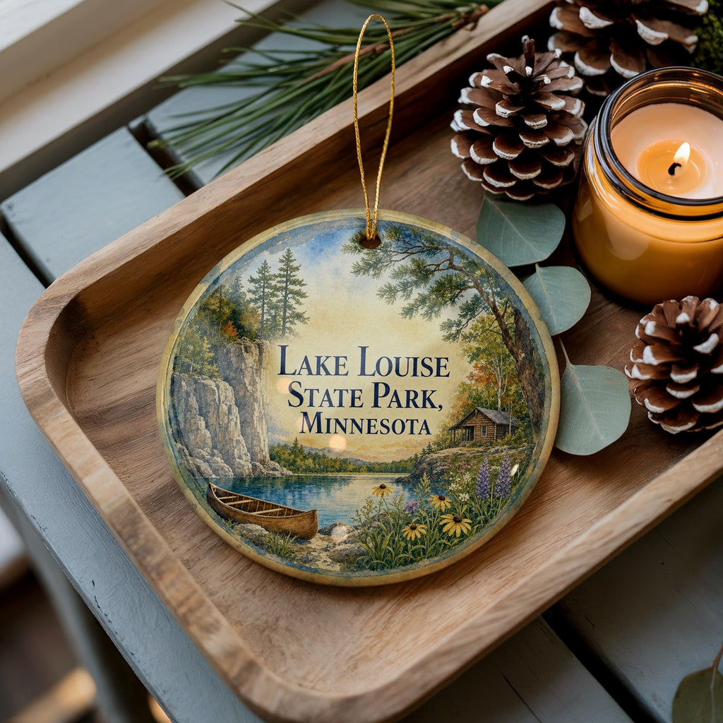 Lake Louise State Park Minnesota Watercolor Ceramic Ornament, Scenic Travel Souvenir, Nature Park Keepsake Gift — photo 1
