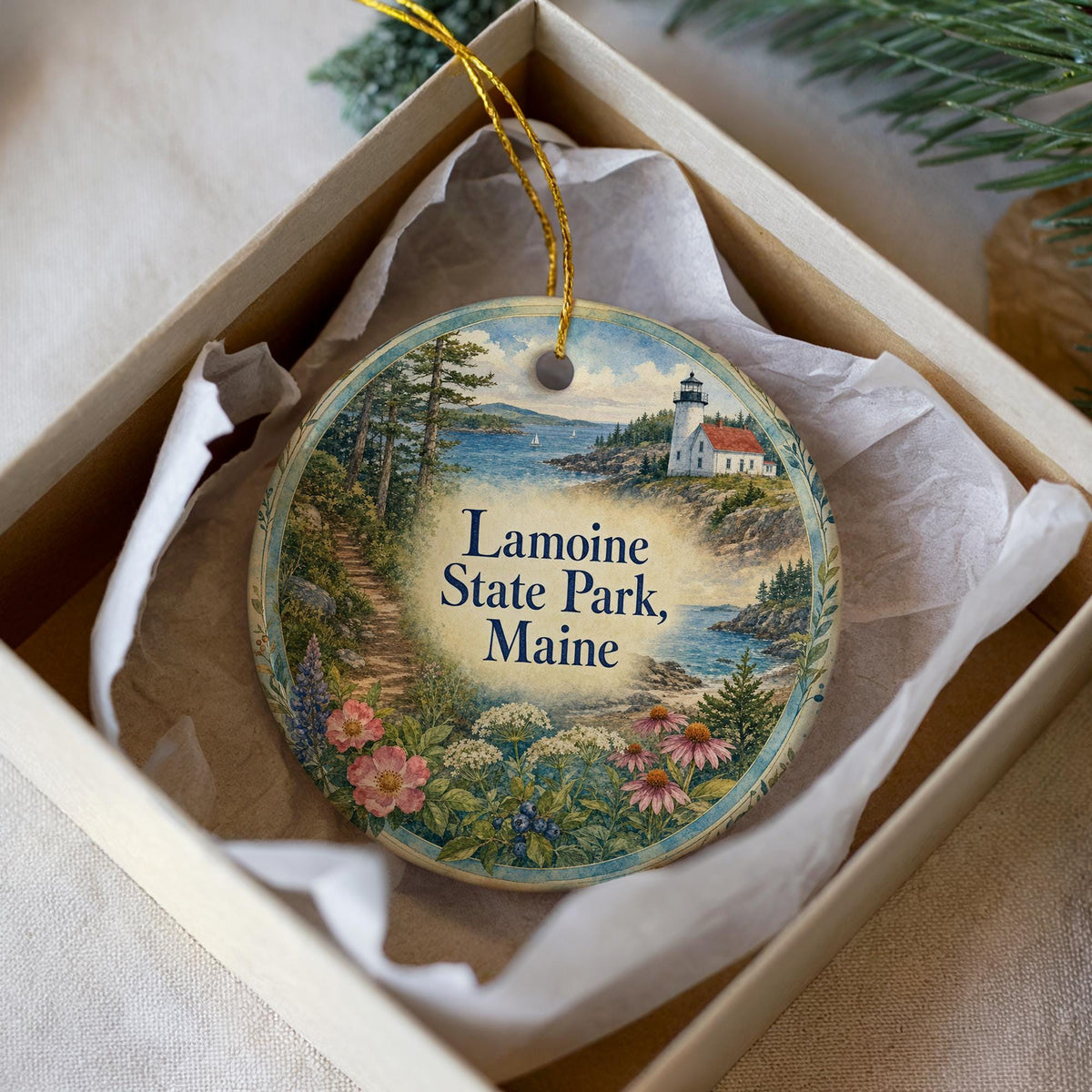 Watercolor Lamoine State Park Maine Ceramic Ornament, Acadia Area Coastal Park Souvenir, Maine Travel Keepsake Ornament — photo 1