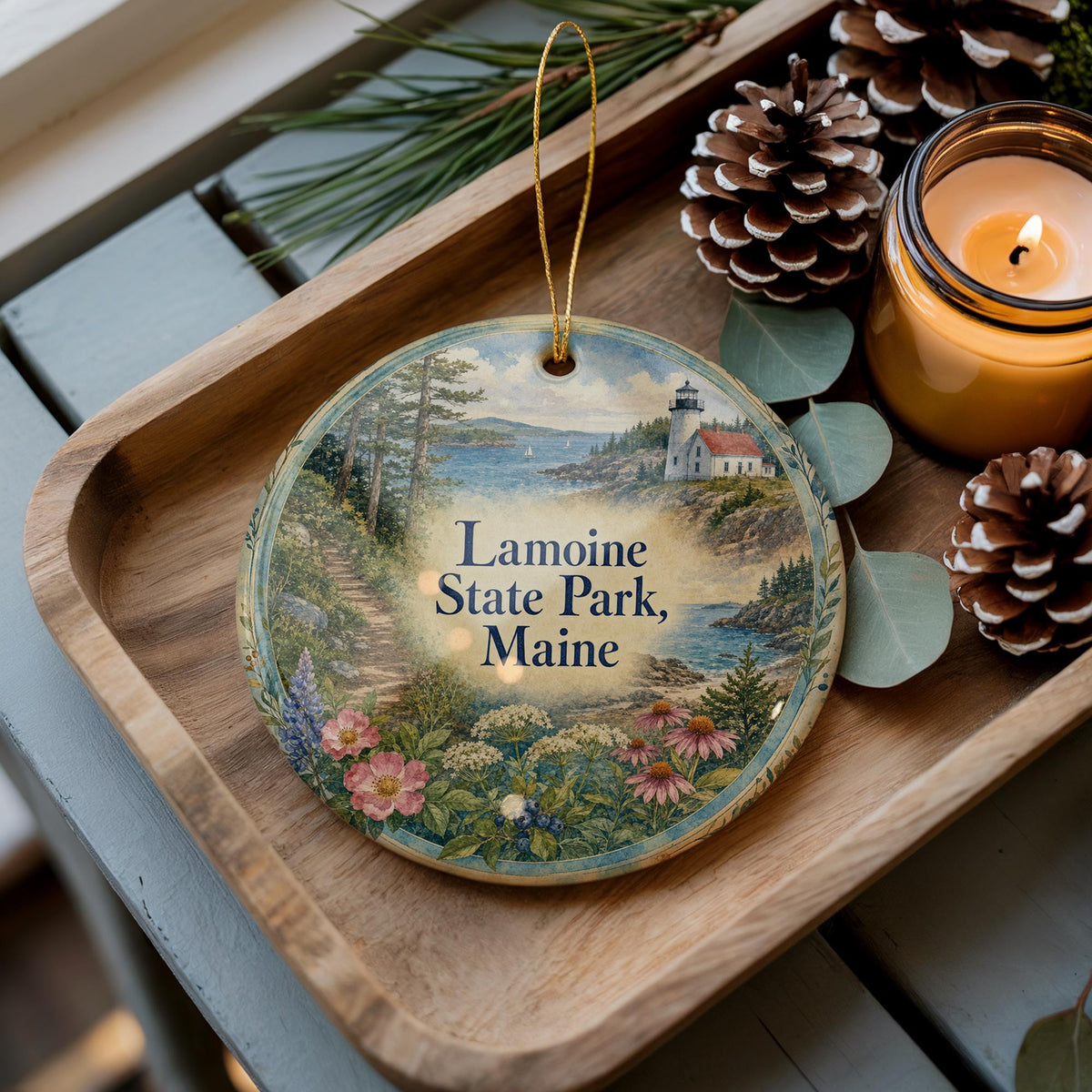 Watercolor Lamoine State Park Maine Ceramic Ornament, Acadia Area Coastal Park Souvenir, Maine Travel Keepsake Ornament — photo 3