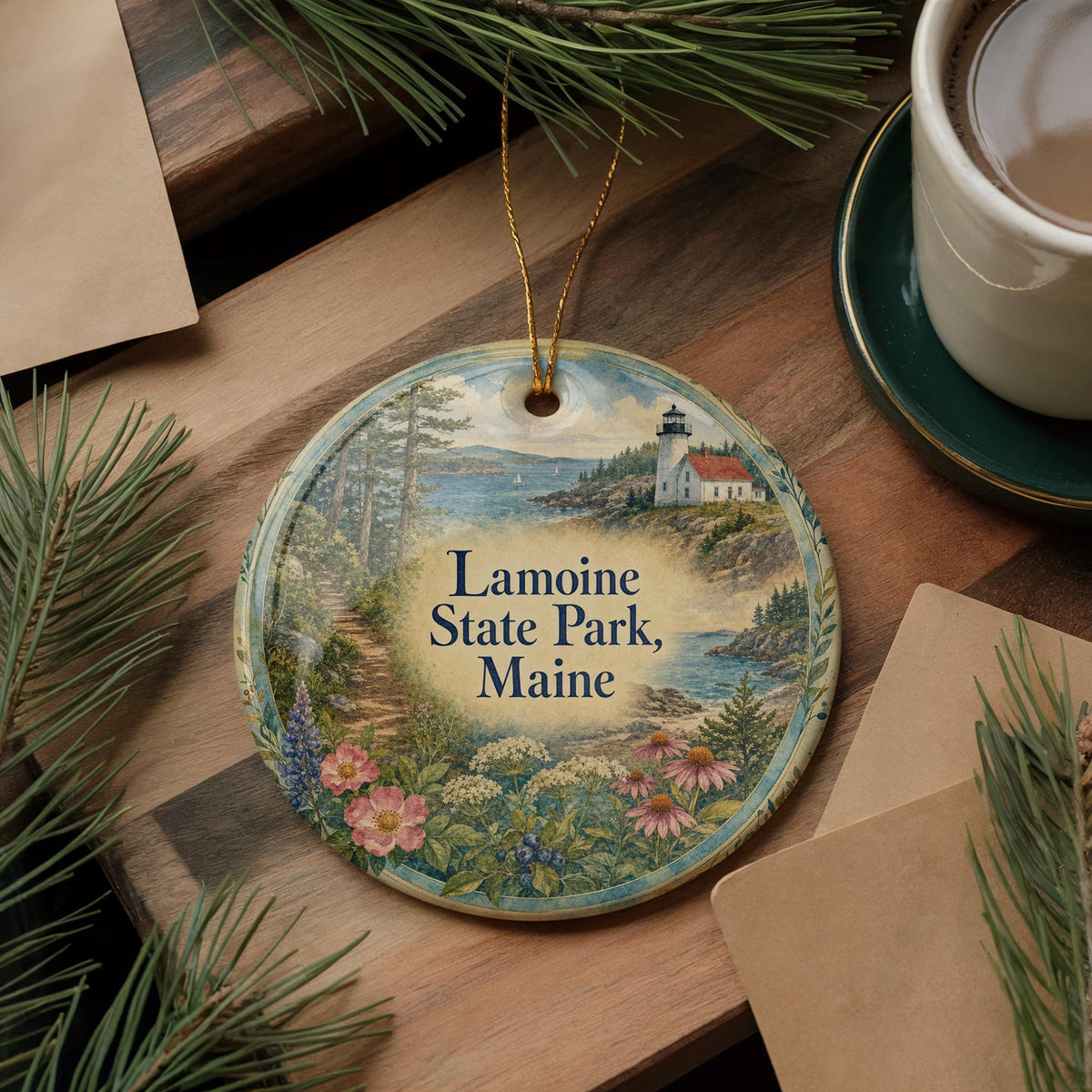 Watercolor Lamoine State Park Maine Ceramic Ornament, Acadia Area Coastal Park Souvenir, Maine Travel Keepsake Ornament — photo 5
