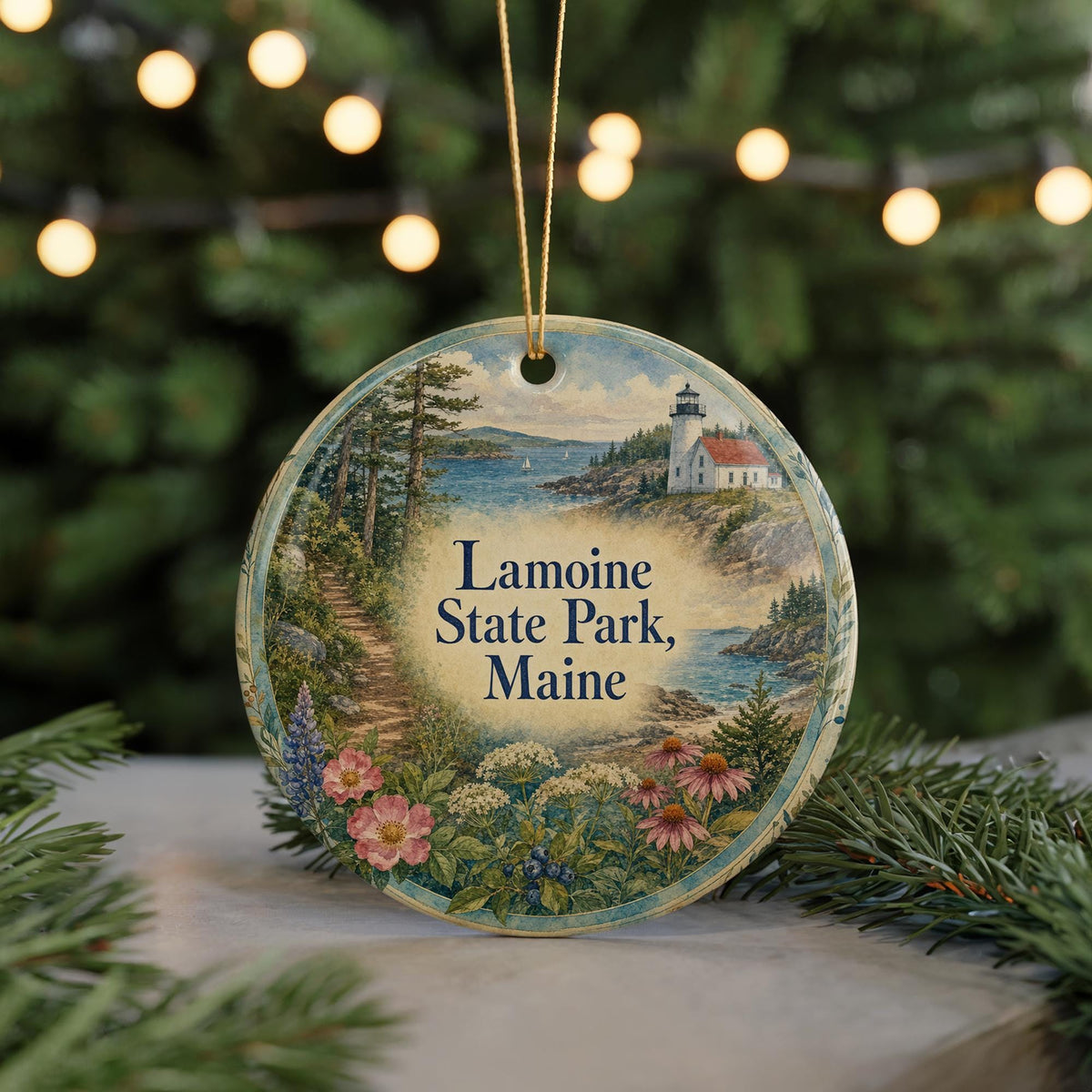 Watercolor Lamoine State Park Maine Ceramic Ornament, Acadia Area Coastal Park Souvenir, Maine Travel Keepsake Ornament — photo 7