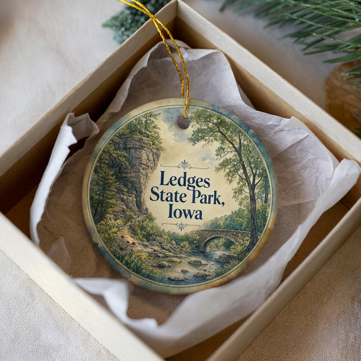 Ledges State Park Iowa Ceramic Ornament, Watercolor Park Landscape Souvenir, Iowa Travel Keepsake, Nature Trail Gift — photo 1