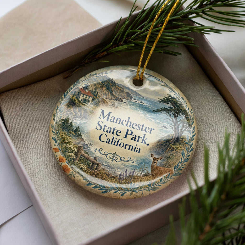 Manchester State Park California Watercolor Ceramic Ornament, Coastal Redwood Forest Souvenir, Mendocino County Keepsake, Travel Gift — photo 1
