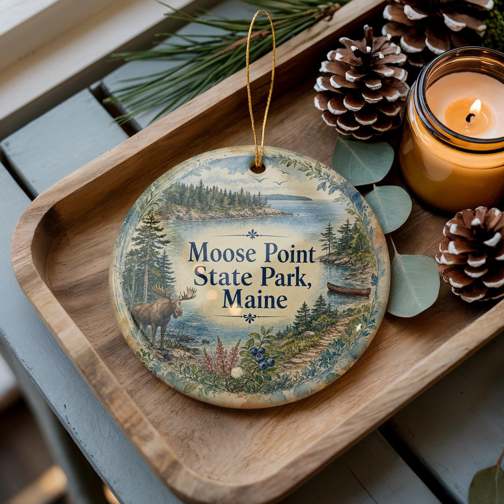 Moose Point State Park Maine Ceramic Ornament, Watercolor Maine Park Souvenir, Coastal New England Travel Keepsake Gift — photo 3