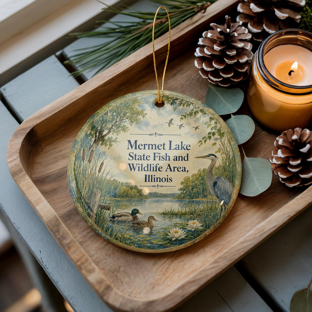 Mermet Lake State Fish and Wildlife Area Illinois Watercolor Ceramic Ornament, Southern Illinois Nature Park Keepsake Decor — photo 1