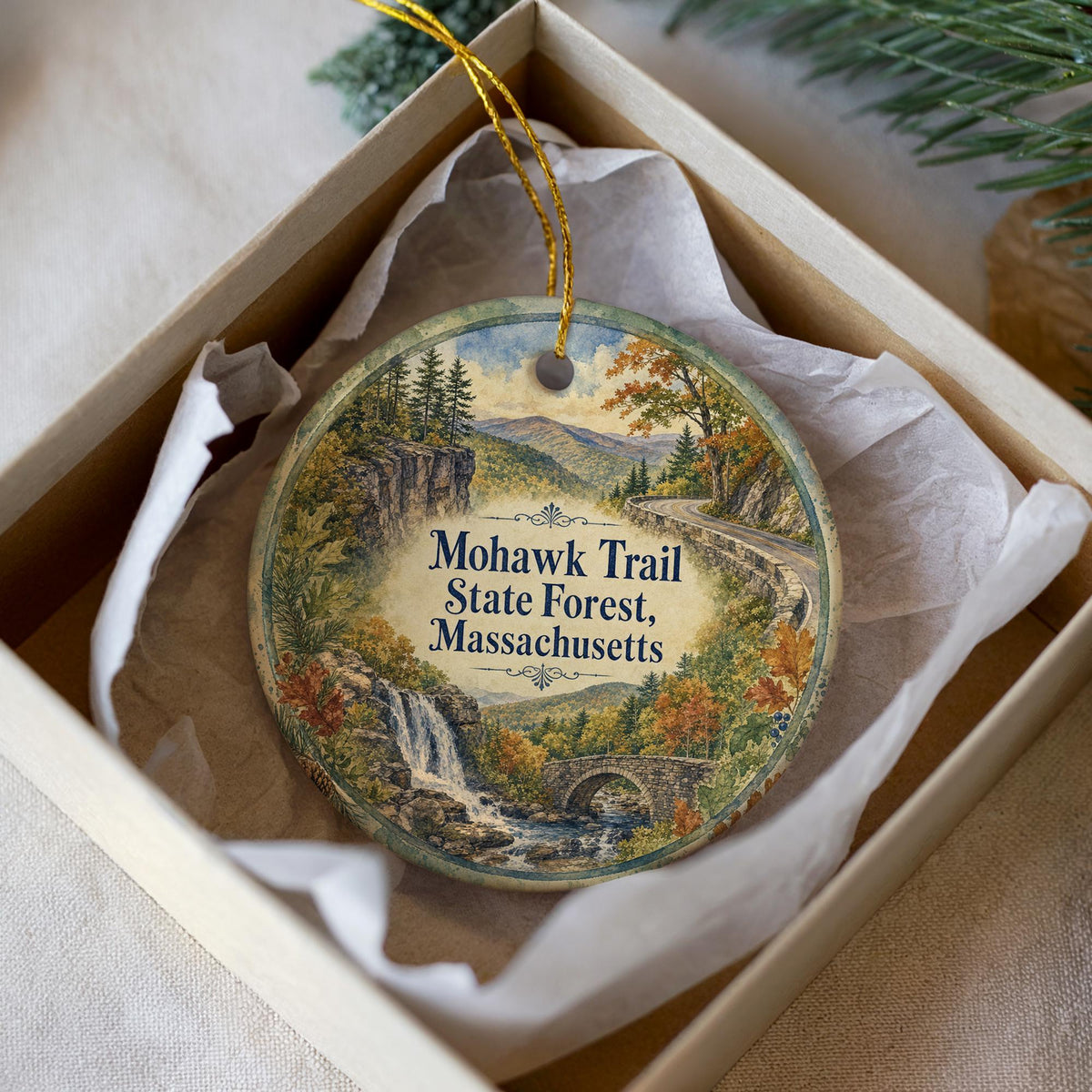 Mohawk Trail State Forest Massachusetts Watercolor Ceramic Ornament, Scenic Woodland Souvenir, New England Nature Gift — photo 2