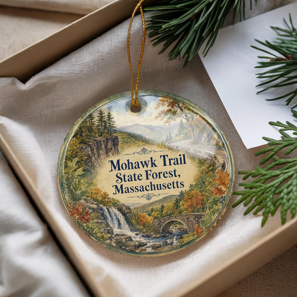 Mohawk Trail State Forest Massachusetts Watercolor Ceramic Ornament, Scenic Woodland Souvenir, New England Nature Gift — photo 4