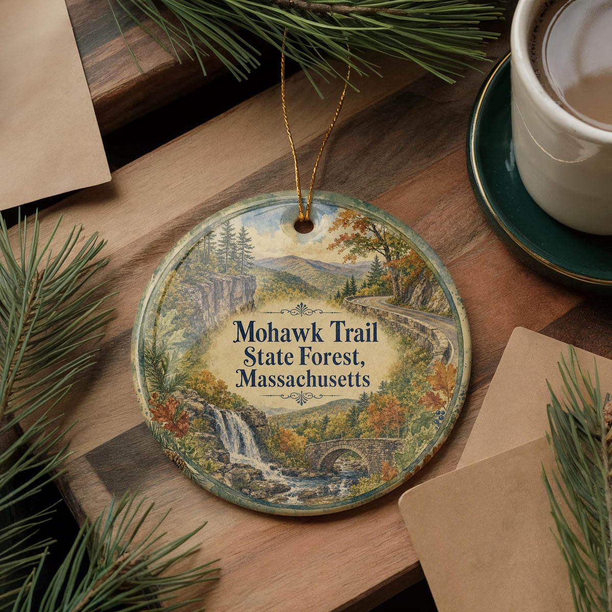 Mohawk Trail State Forest Massachusetts Watercolor Ceramic Ornament, Scenic Woodland Souvenir, New England Nature Gift — photo 5