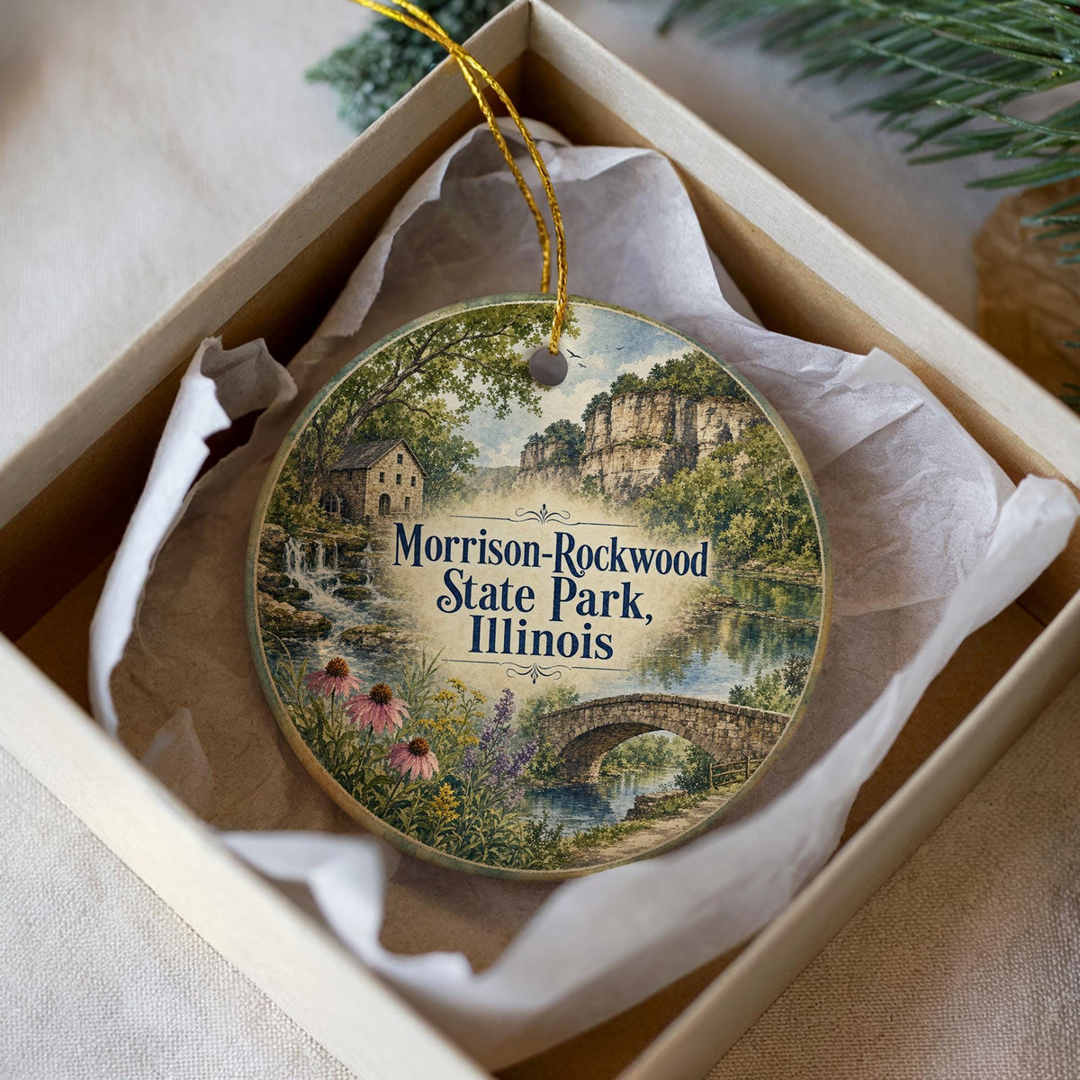 Morrison Rockwood State Park Illinois Watercolor Ceramic Ornament, Rockwood Park Souvenir Keepsake Gift — photo 2