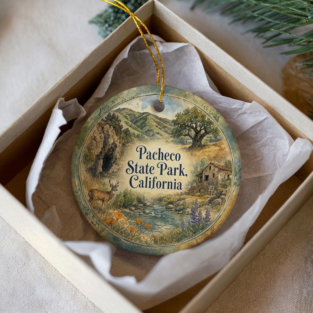 Pacheco State Park California Ceramic Ornament, Watercolor Park Landscape Souvenir, Travel Keepsake Gift — photo 1