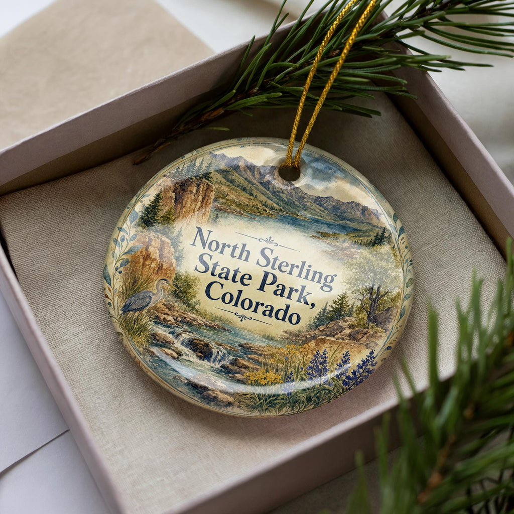 North Sterling State Park Colorado Ceramic Ornament, Watercolor Lake and Mountain Vacation Souvenir, Colorado State Park Keepsake Gift — photo 2