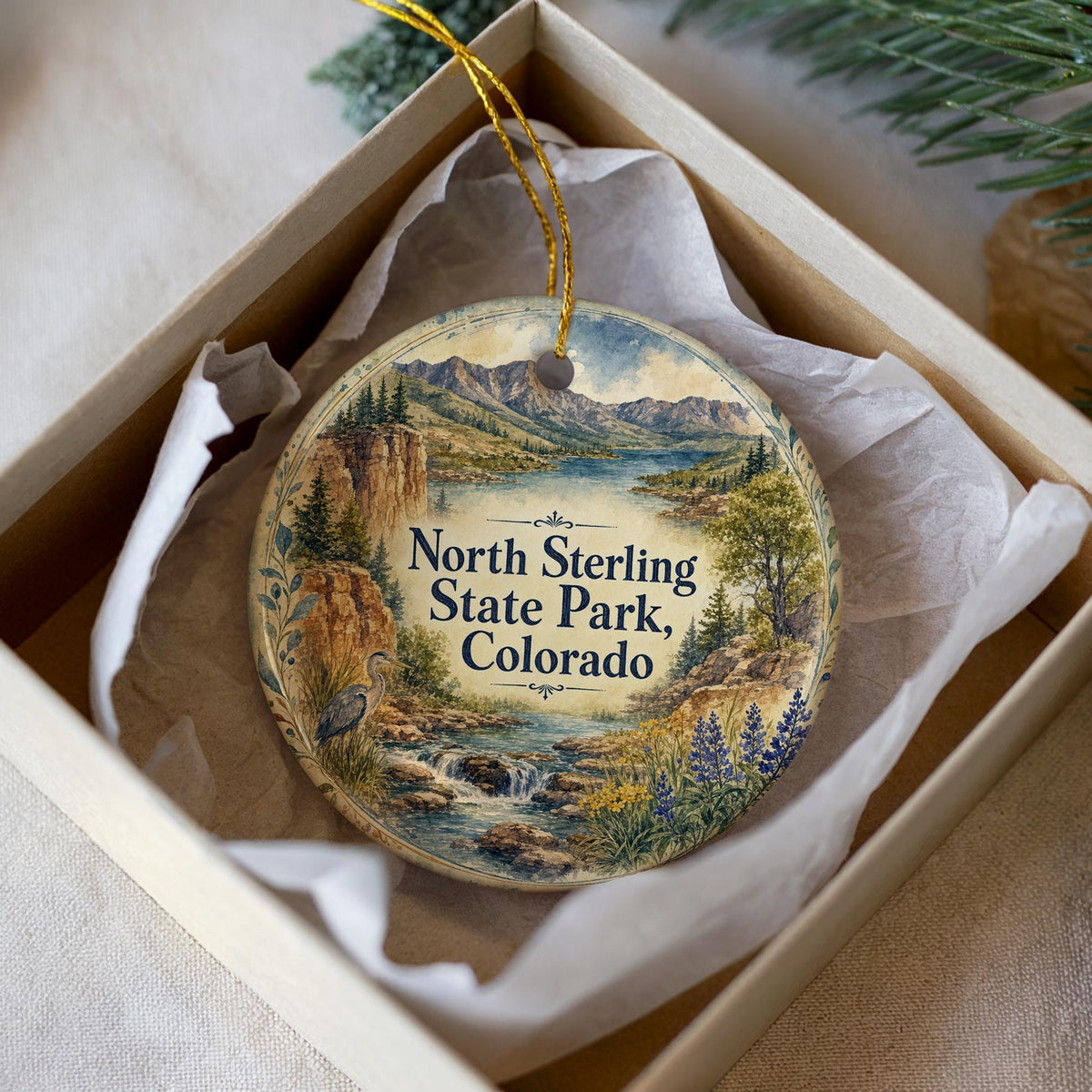 North Sterling State Park Colorado Ceramic Ornament, Watercolor Lake and Mountain Vacation Souvenir, Colorado State Park Keepsake Gift — photo 3