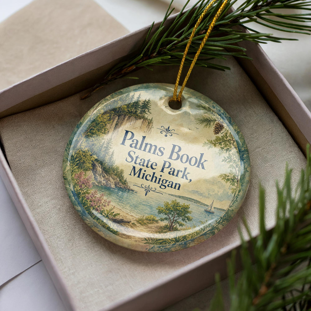 Palms Book State Park Michigan Watercolor Ceramic Ornament, Upper Peninsula Nature Souvenir, Hiking Camping Travel Keepsake — photo 1