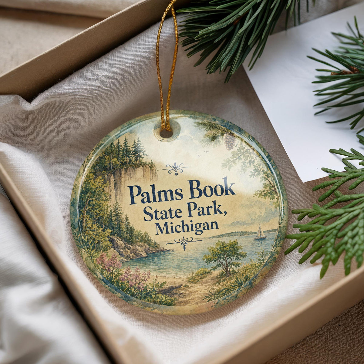 Palms Book State Park Michigan Watercolor Ceramic Ornament, Upper Peninsula Nature Souvenir, Hiking Camping Travel Keepsake — photo 4