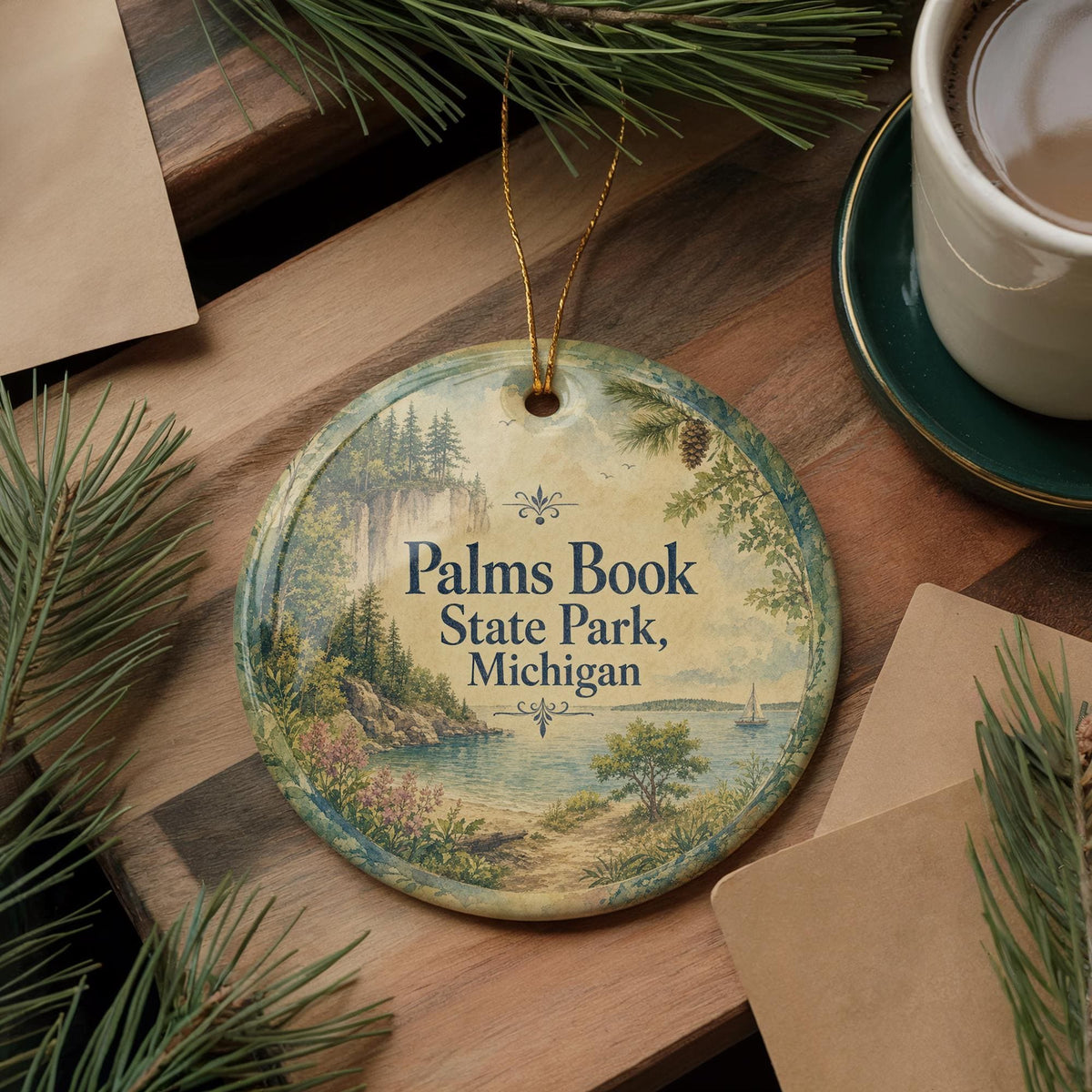 Palms Book State Park Michigan Watercolor Ceramic Ornament, Upper Peninsula Nature Souvenir, Hiking Camping Travel Keepsake — photo 5