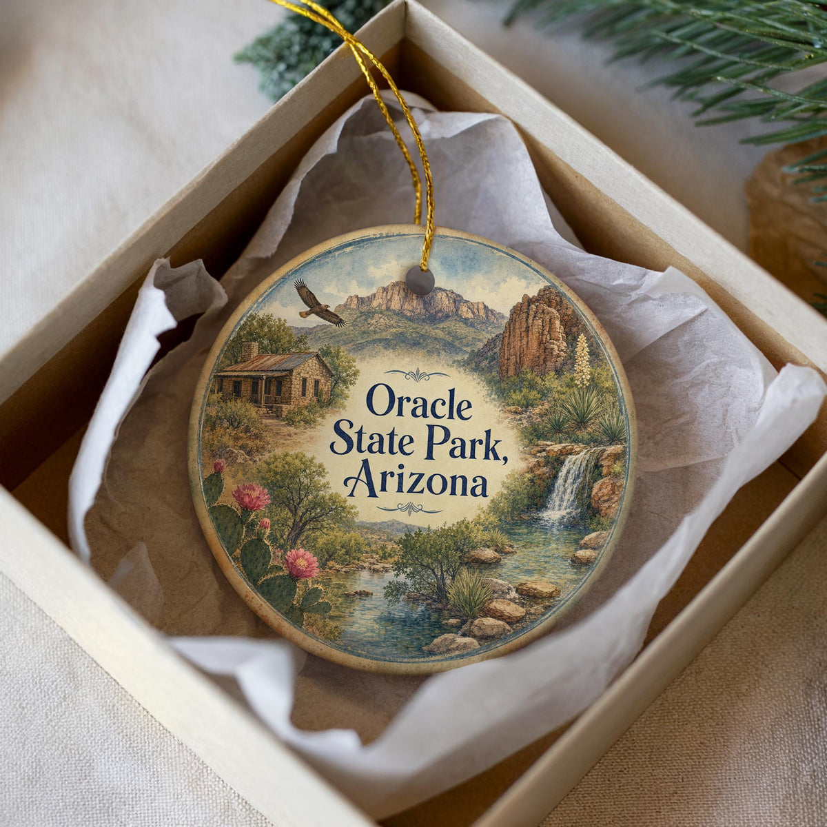 Oracle State Park Arizona Watercolor Ceramic Ornament, Arizona Desert Landscape Souvenir, Southwest Travel Keepsake Gift — photo 2