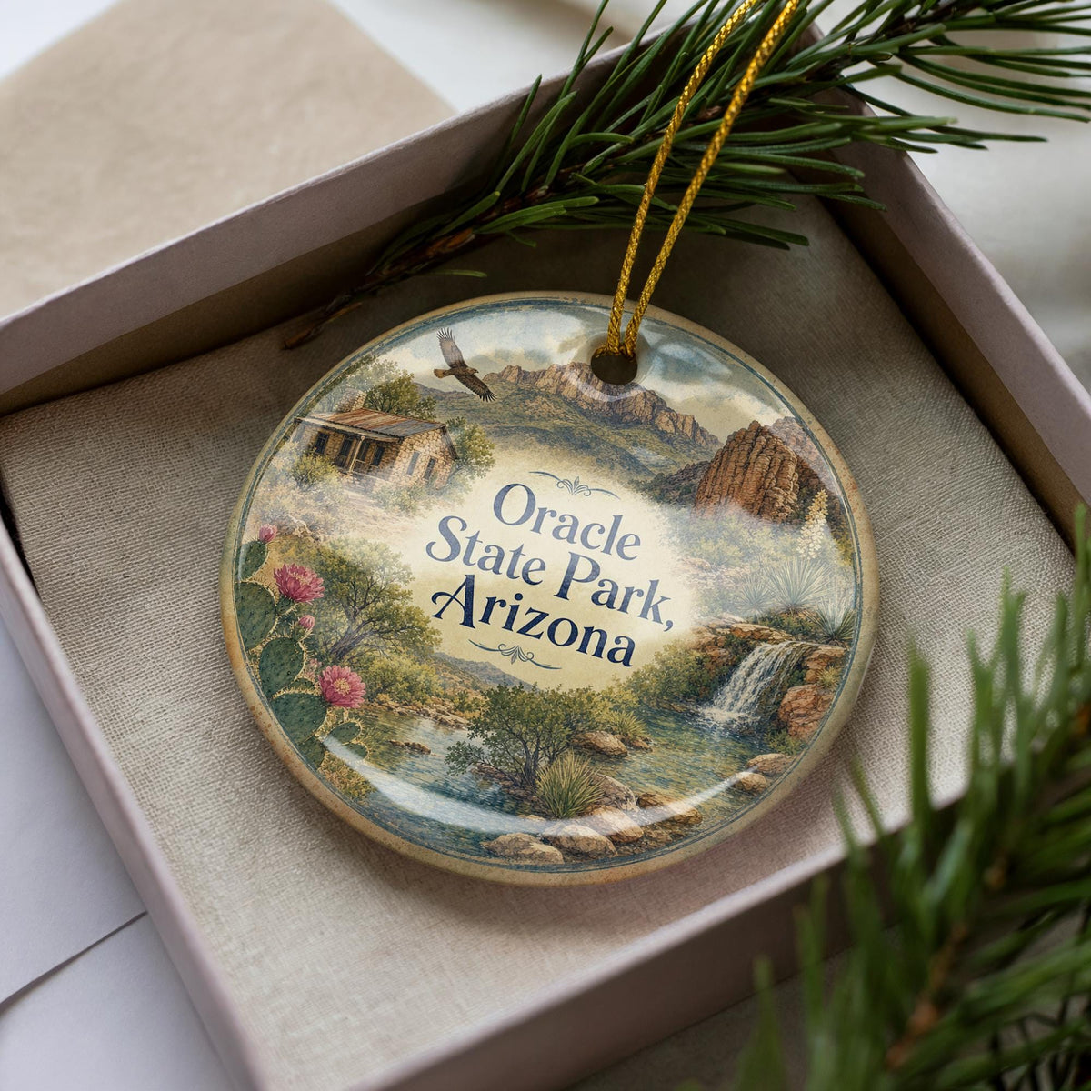 Oracle State Park Arizona Watercolor Ceramic Ornament, Arizona Desert Landscape Souvenir, Southwest Travel Keepsake Gift — photo 3
