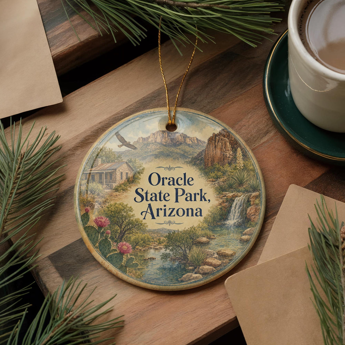 Oracle State Park Arizona Watercolor Ceramic Ornament, Arizona Desert Landscape Souvenir, Southwest Travel Keepsake Gift — photo 5