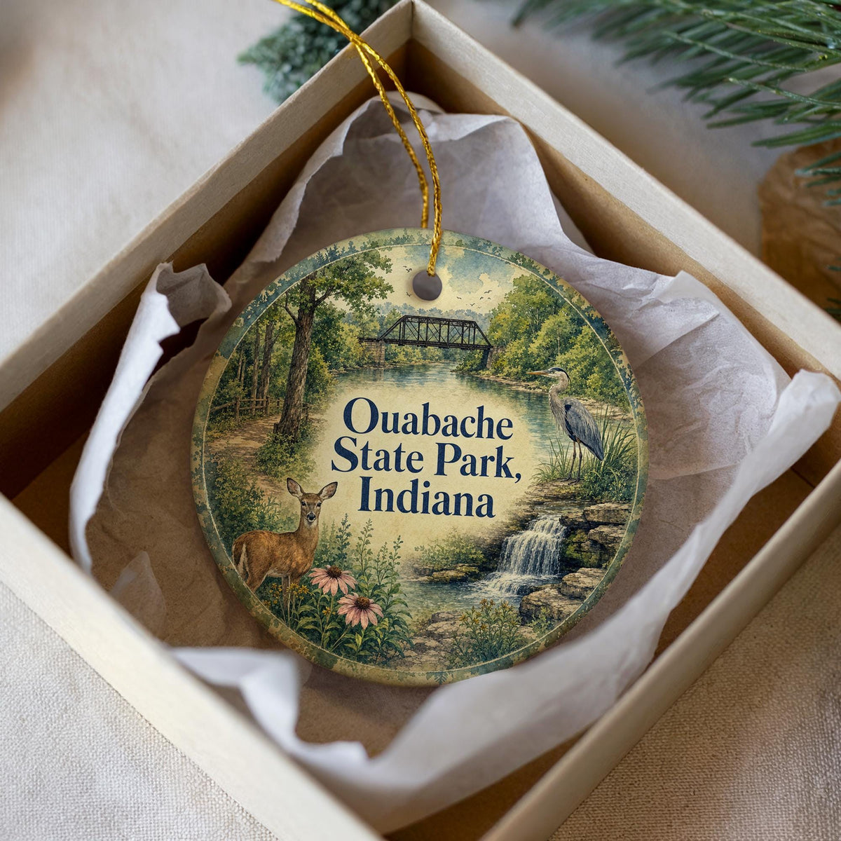 Ouabache State Park Indiana Watercolor Ceramic Ornament, State Park Souvenir, Indiana Nature Travel Keepsake Ornament — photo 1