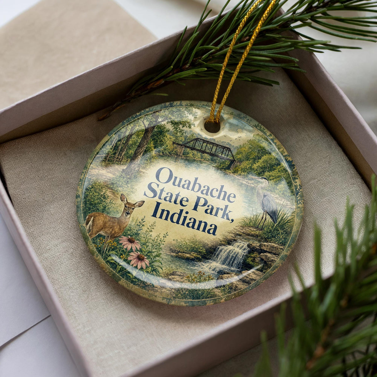 Ouabache State Park Indiana Watercolor Ceramic Ornament, State Park Souvenir, Indiana Nature Travel Keepsake Ornament — photo 2