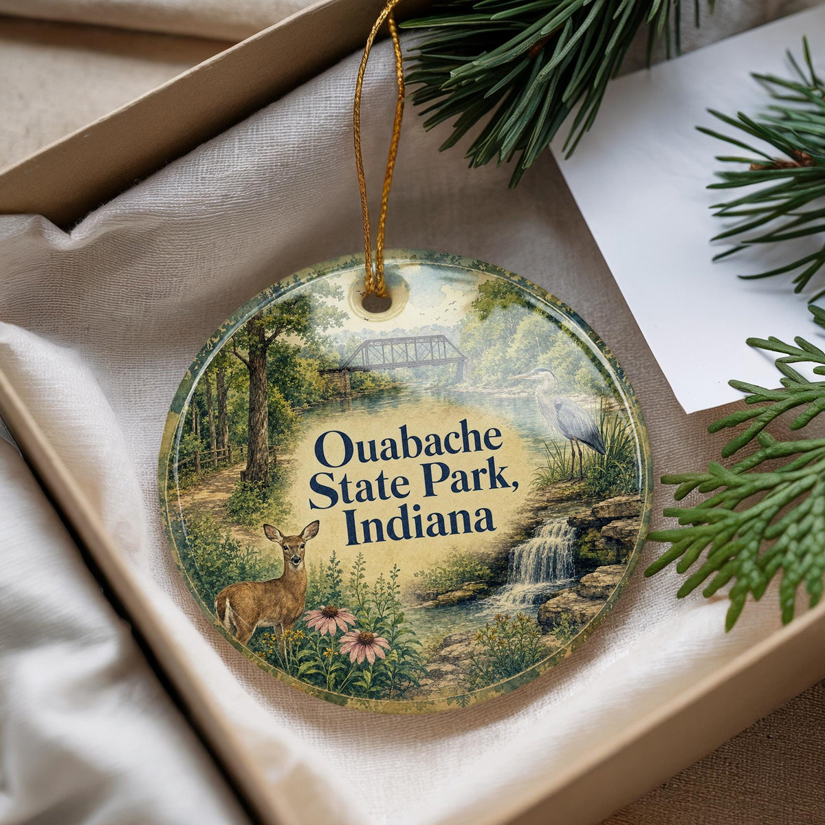 Ouabache State Park Indiana Watercolor Ceramic Ornament, State Park Souvenir, Indiana Nature Travel Keepsake Ornament — photo 4