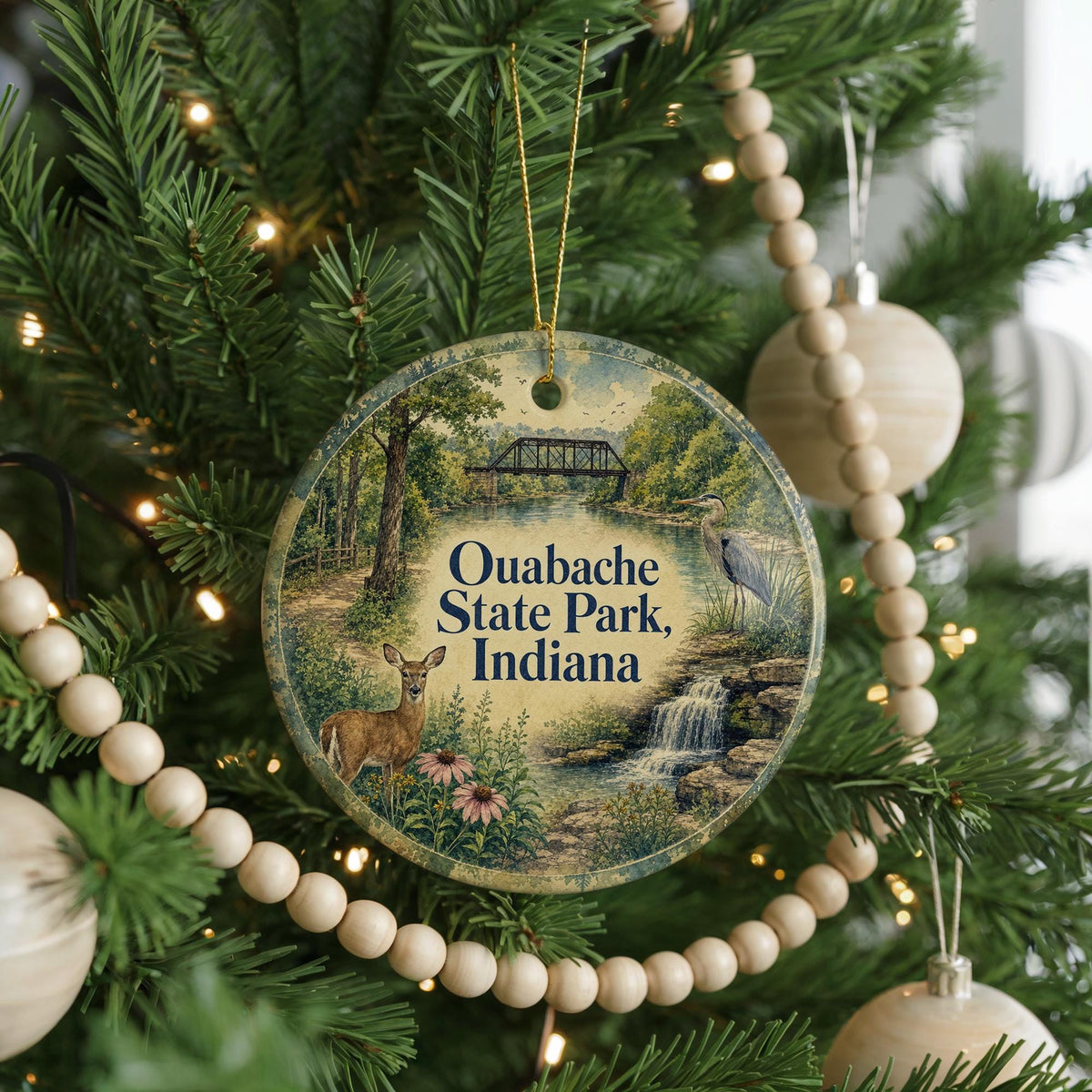 Ouabache State Park Indiana Watercolor Ceramic Ornament, State Park Souvenir, Indiana Nature Travel Keepsake Ornament — photo 6
