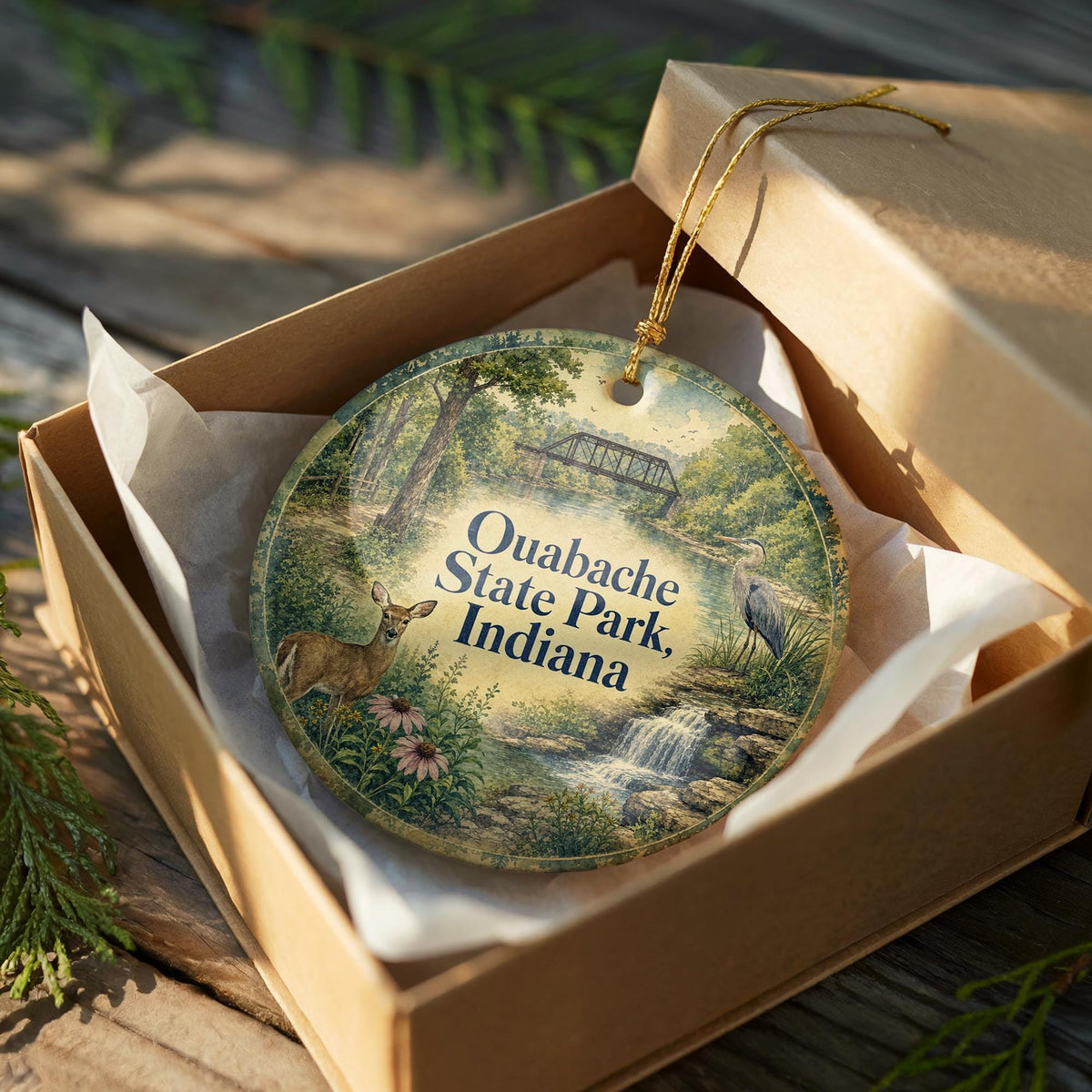 Ouabache State Park Indiana Watercolor Ceramic Ornament, State Park Souvenir, Indiana Nature Travel Keepsake Ornament — photo 8