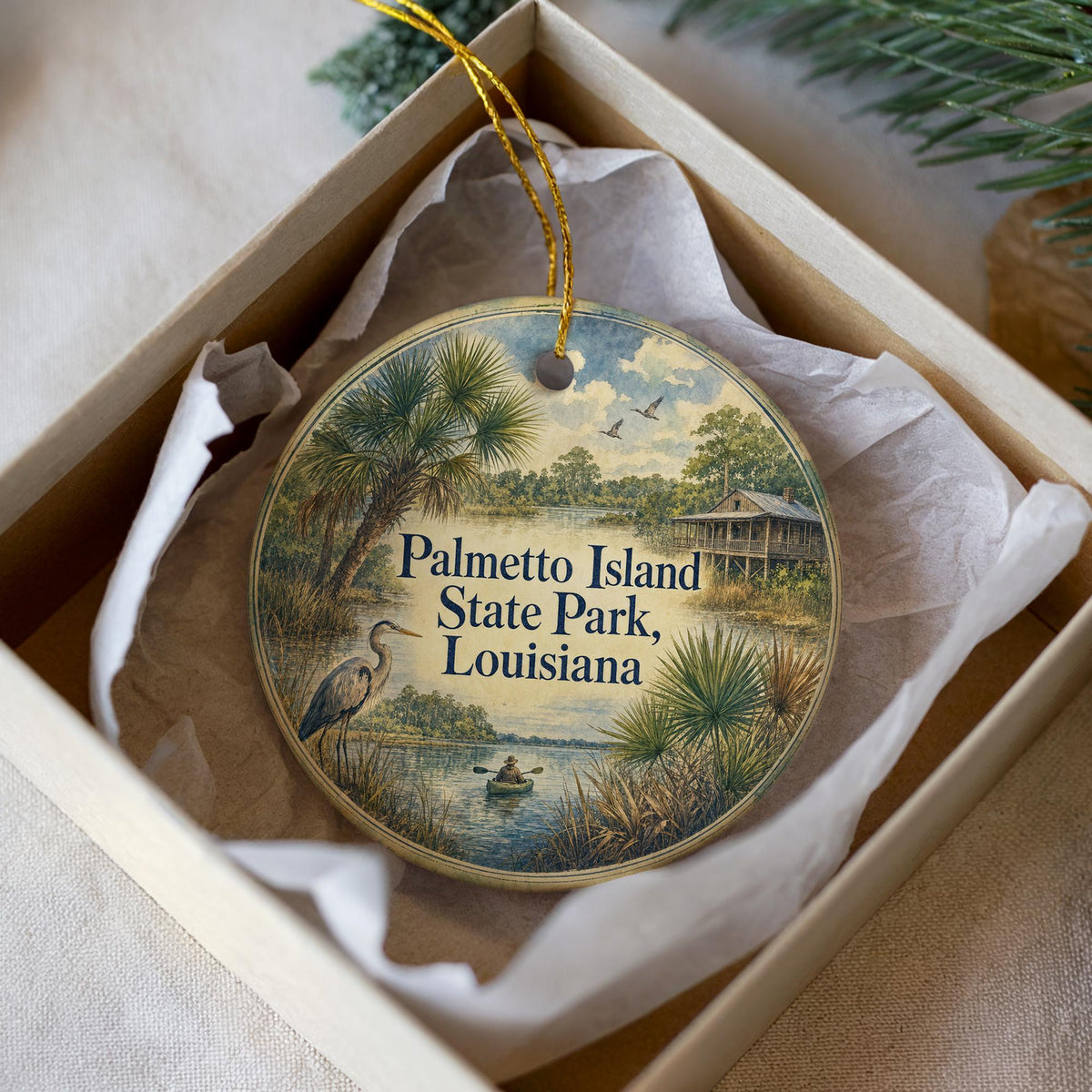 Palmetto Island State Park Louisiana Ceramic Ornament, Watercolor State Park Souvenir, Louisiana Travel Keepsake Ornament — photo 2