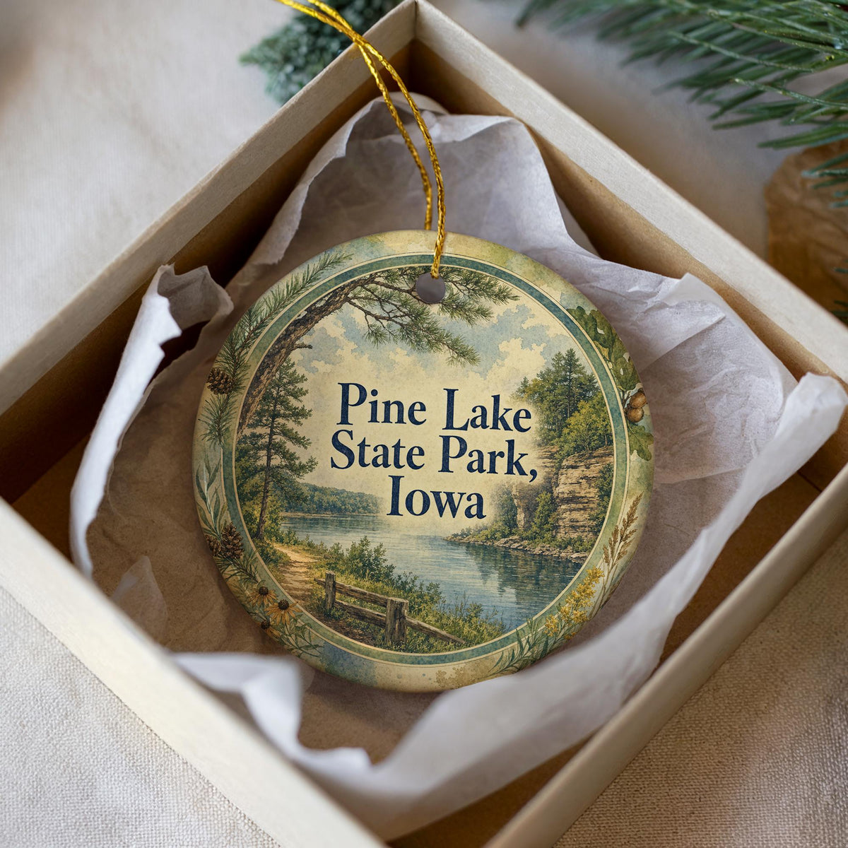 Pine Lake State Park Iowa Watercolor Ceramic Ornament, Iowa State Park Souvenir, Lake & Pines Travel Keepsake Gift — photo 1