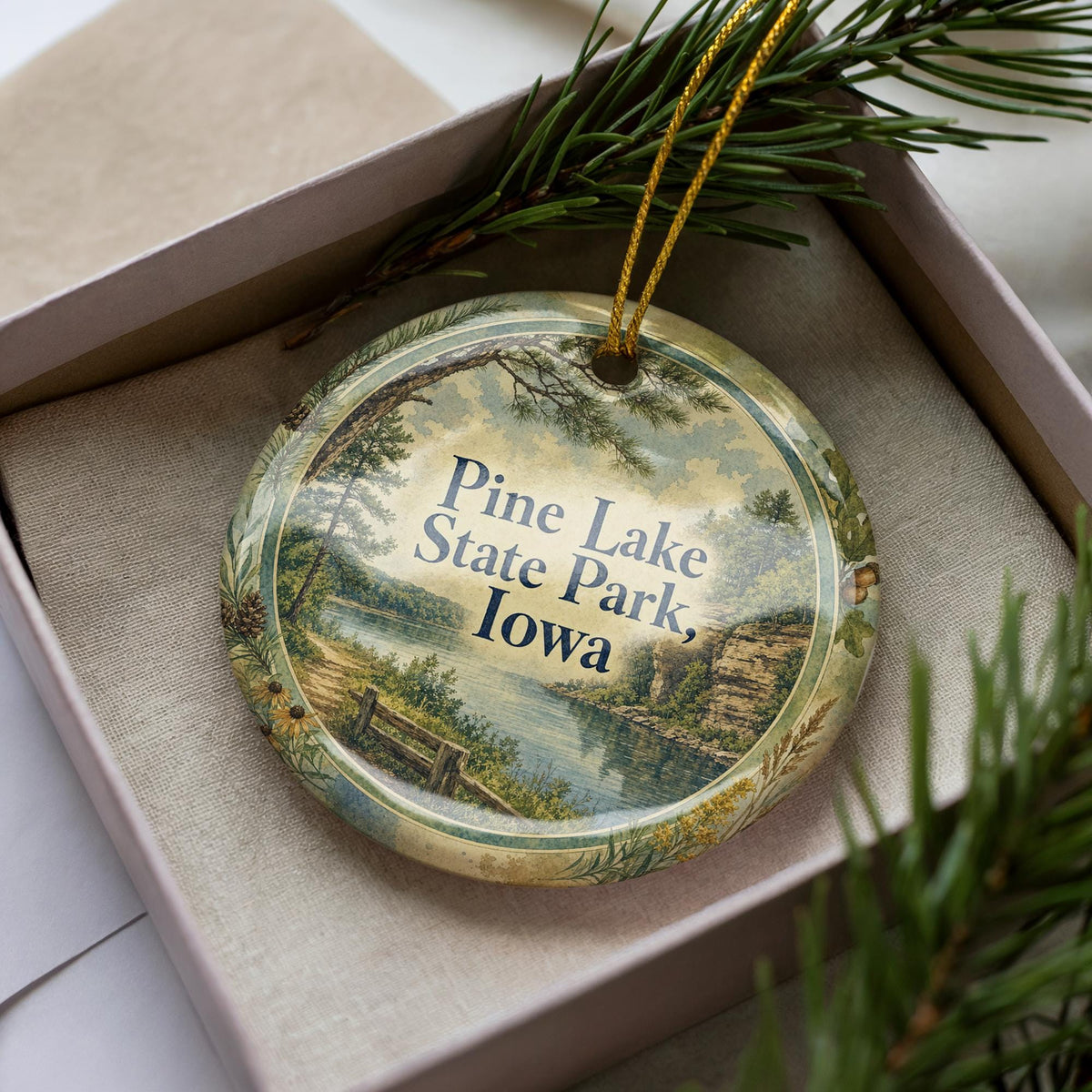 Pine Lake State Park Iowa Watercolor Ceramic Ornament, Iowa State Park Souvenir, Lake & Pines Travel Keepsake Gift — photo 3