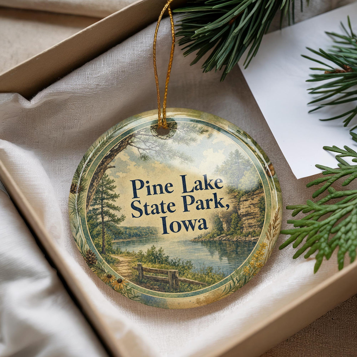 Pine Lake State Park Iowa Watercolor Ceramic Ornament, Iowa State Park Souvenir, Lake & Pines Travel Keepsake Gift — photo 4