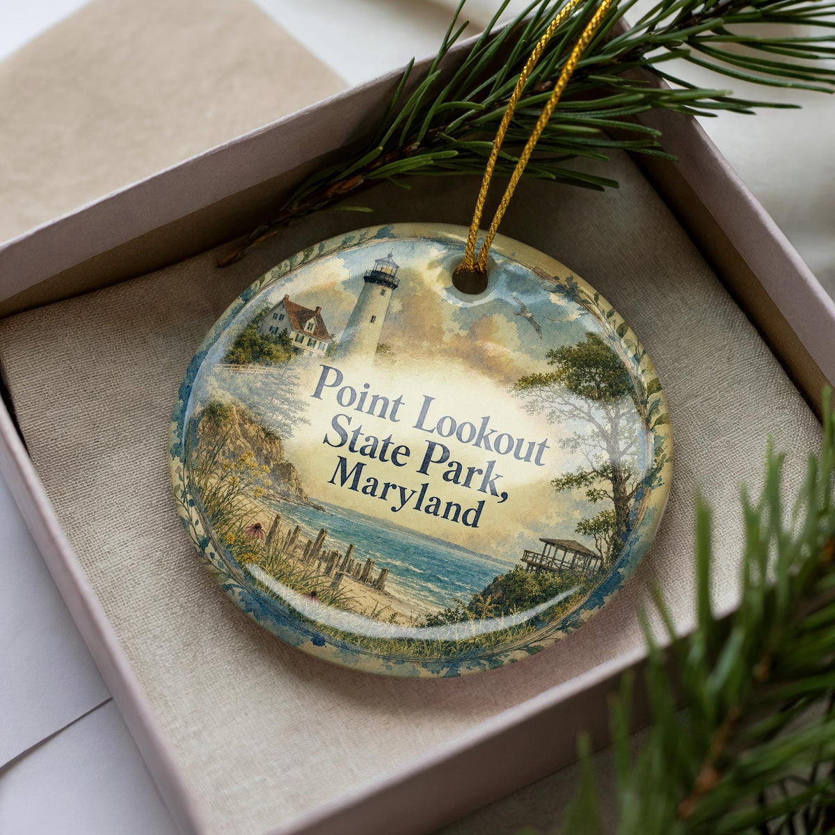 Point Lookout State Park Maryland Watercolor Ceramic Ornament, Coastal Park Souvenir Gift, Travel Keepsake Decoration — photo 1