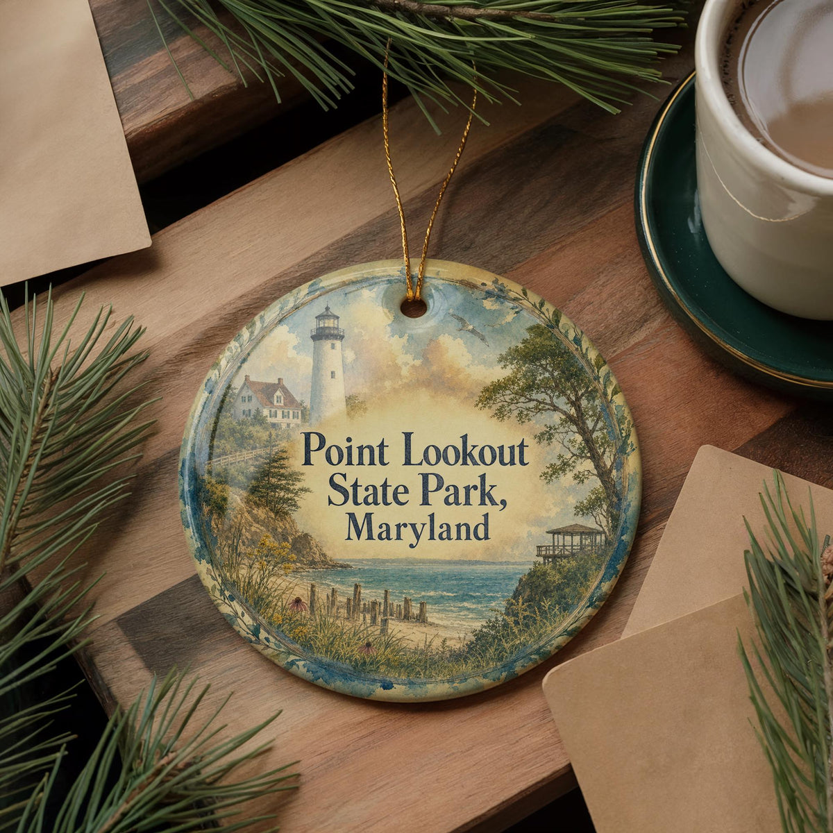 Point Lookout State Park Maryland Watercolor Ceramic Ornament, Coastal Park Souvenir Gift, Travel Keepsake Decoration — photo 5